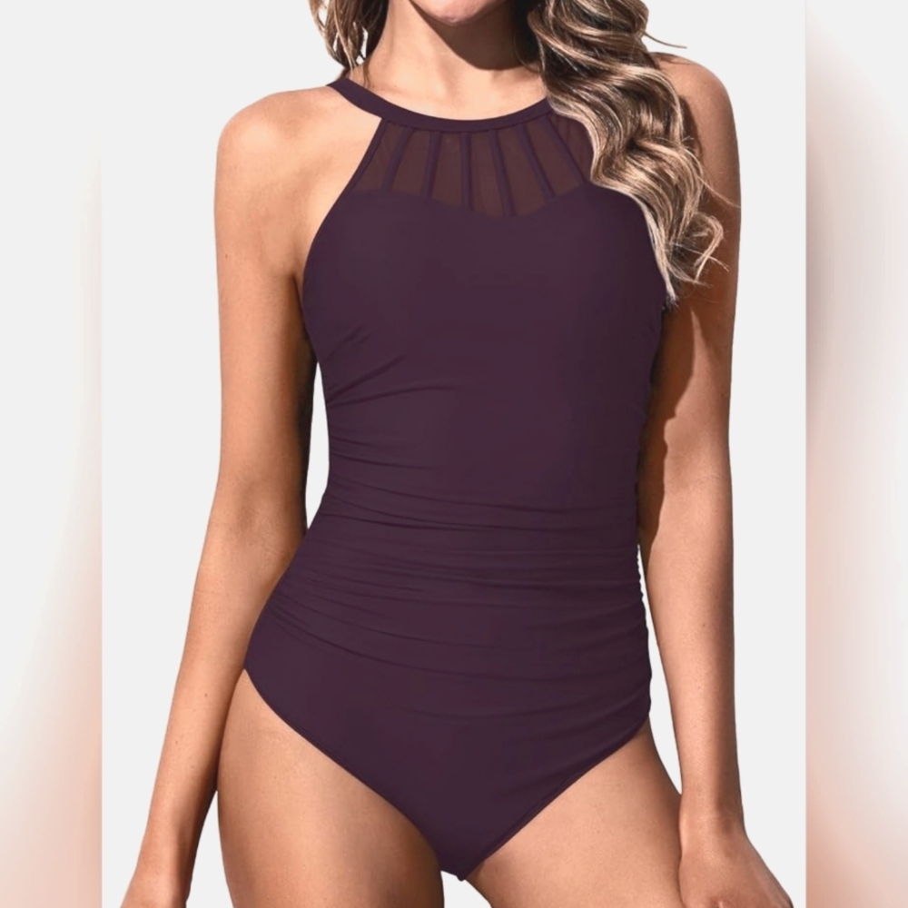 🌺 Deep Purple Women High Neck One Piece Swimsuit Tummy Control Halter Slimming